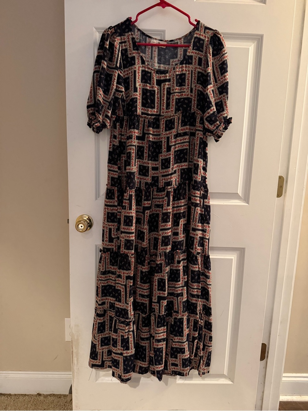 NATURAL LIFE Navy and Cream Patterned Tiered Maxi Dress XS